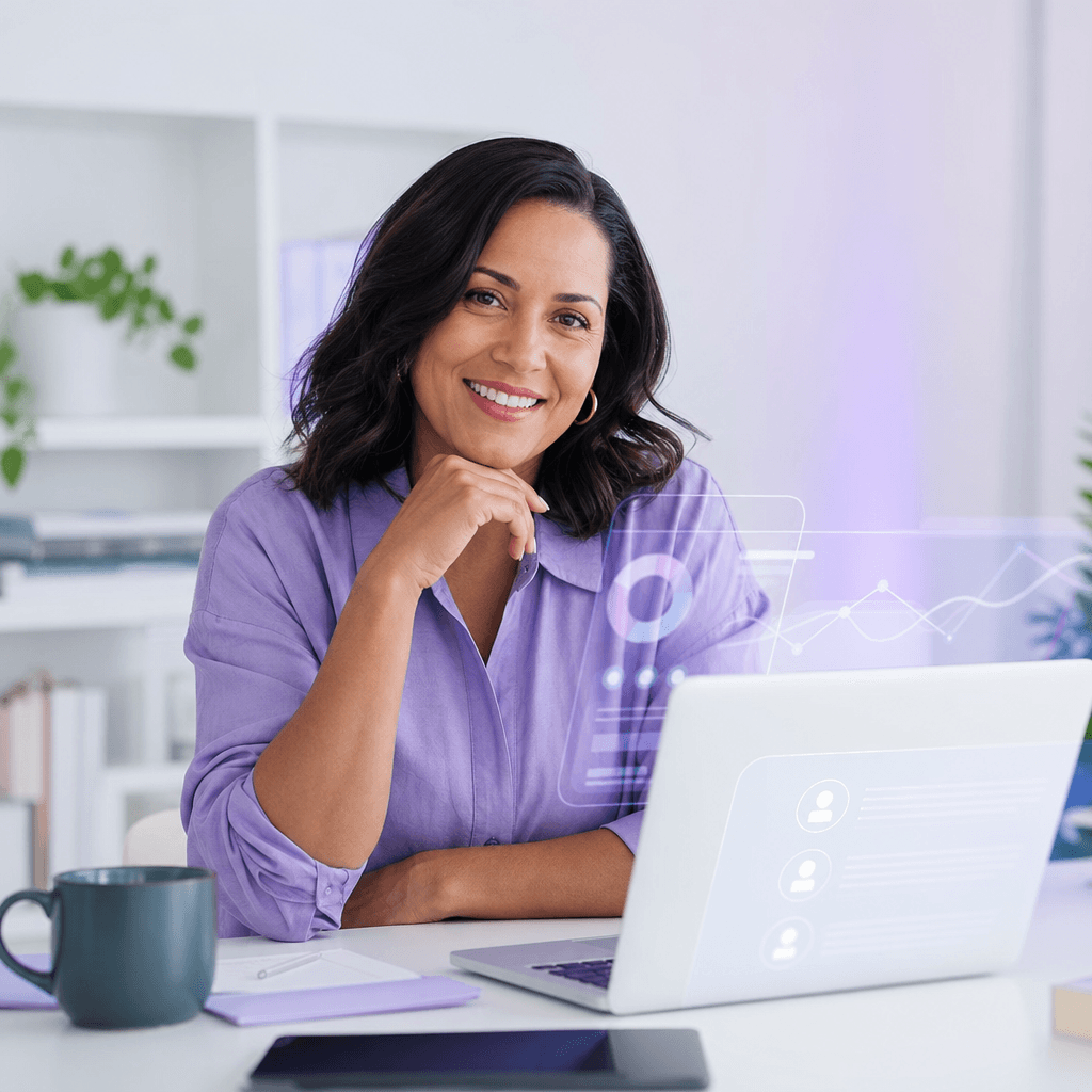 Smiling ambassador with a laptop and floating referral-dashboard overlays. Editorial visual for the ambassador-network application page.