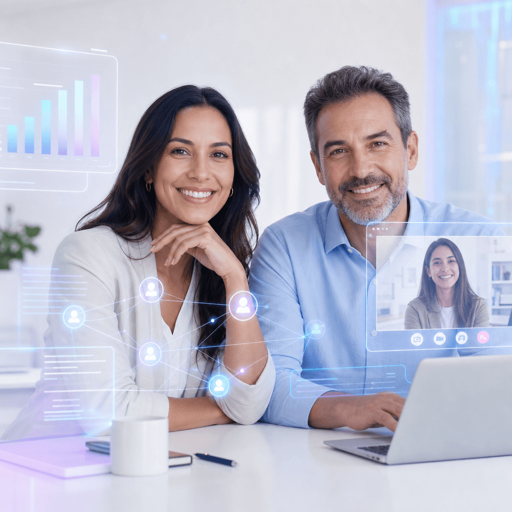 Two smiling Zyndio ambassadors at a bright modern desk with a translucent video-consult window, a tracking-dashboard panel, and a glowing connected-nodes network graph hovering nearby. Editorial visual for the program levels and revenue model page.